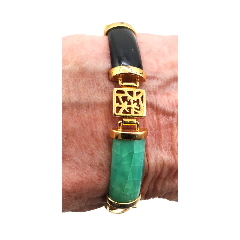 Asian Inspired Bracelet Multicolor Curved Bar Links Gold Tone 8 Inch